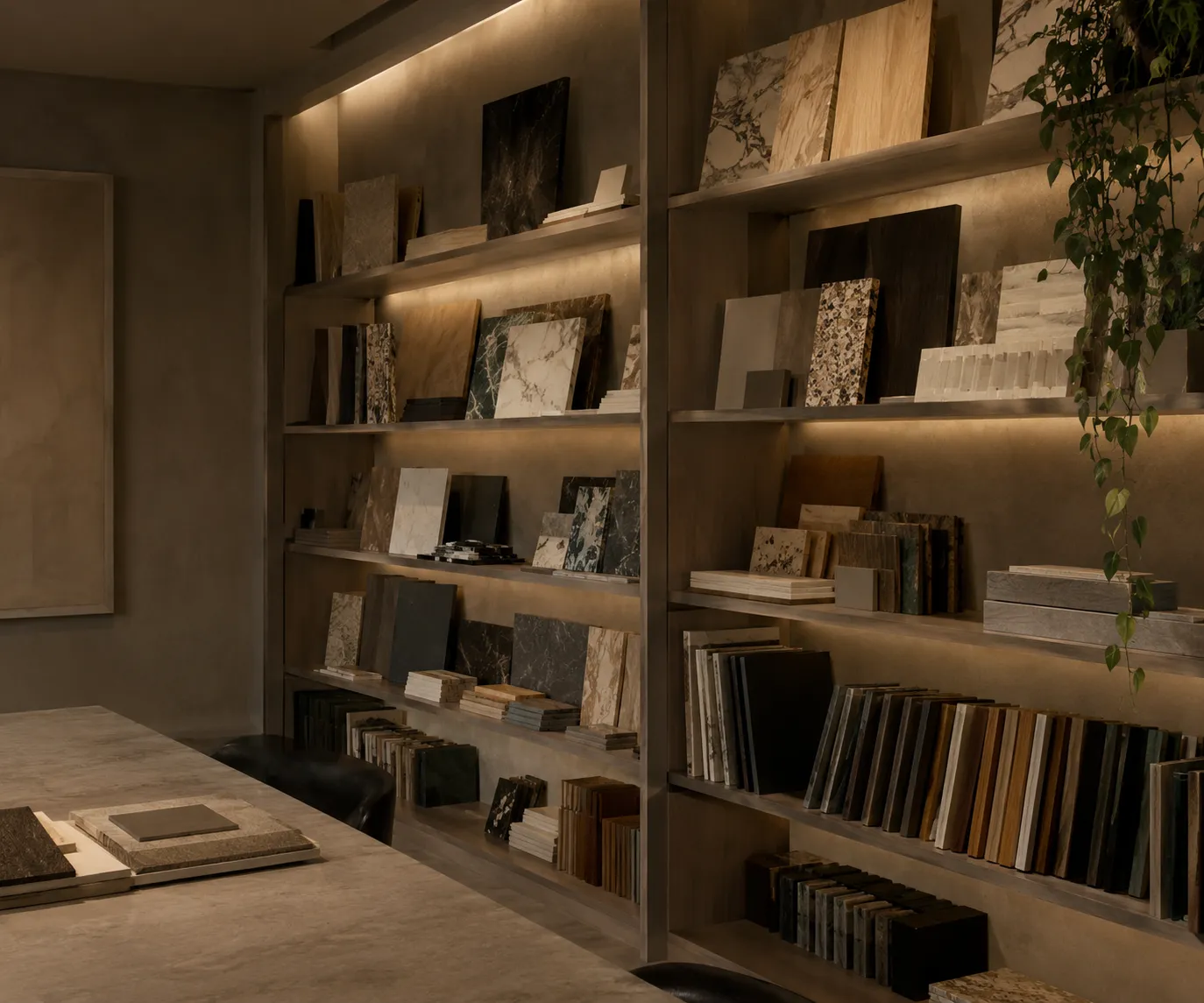 Kevok Design malzeme odası: ışıklı raflarda mermer, ahşap ve taş numuneleri